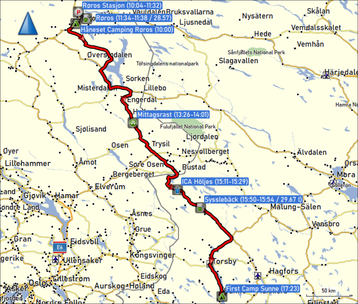 wegstrecke der fahrt vom haneset camping bei roros zum first camp sunne