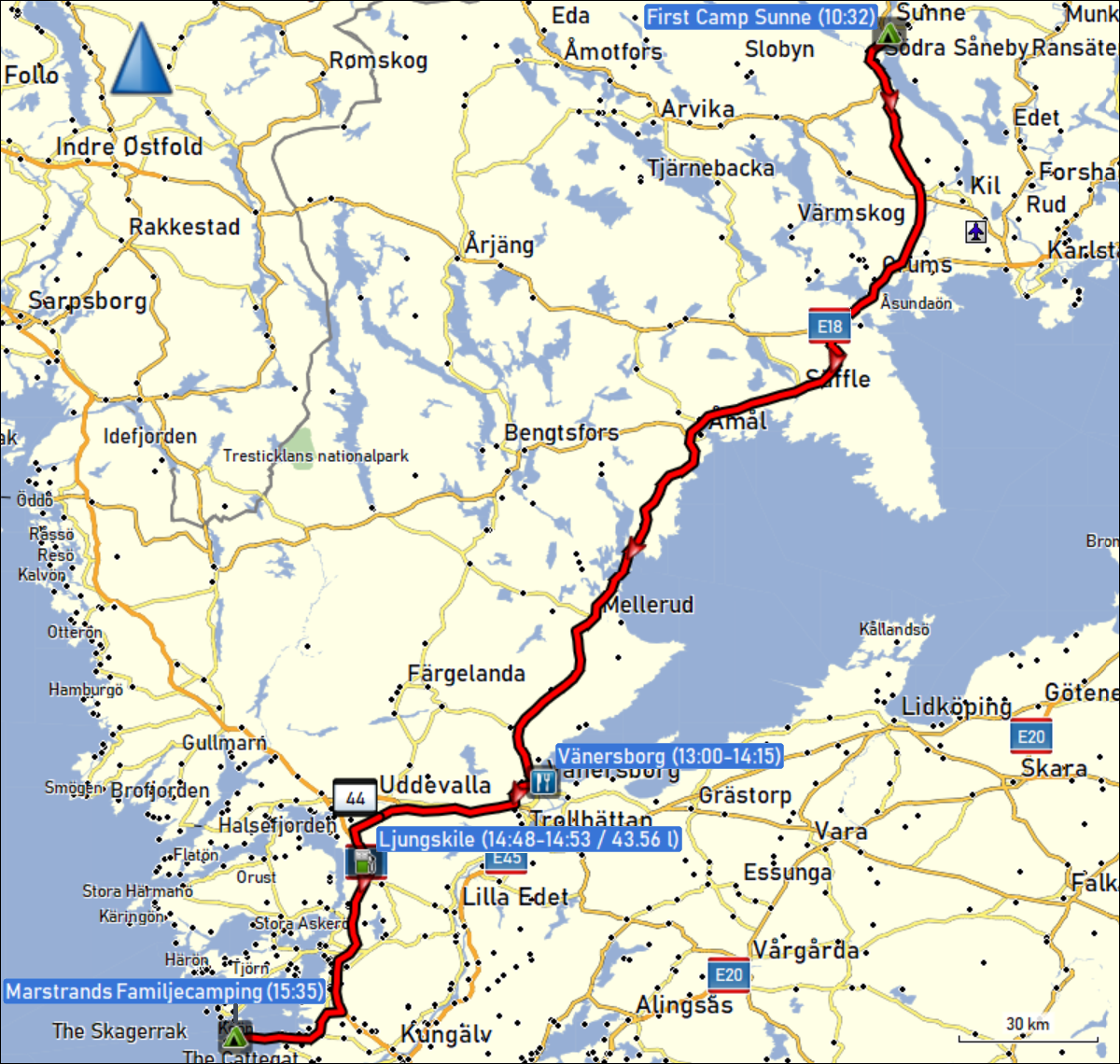 wegstrecke der fahrt vom first camp sunne zum marstrands familjecamping