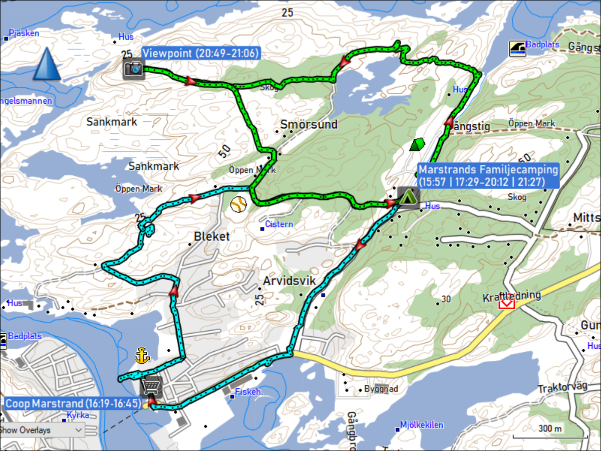 wegstrecken des fussmarsch und der kurzwanderung bei marstrand