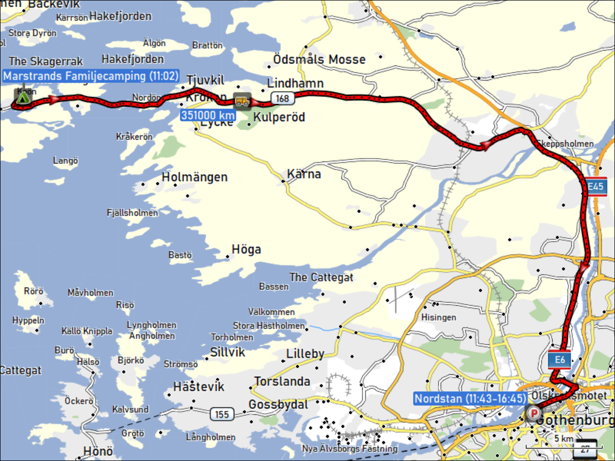 wegstrecke der fahrt vom marstrands familjecamping zum nordstan in goeteborg