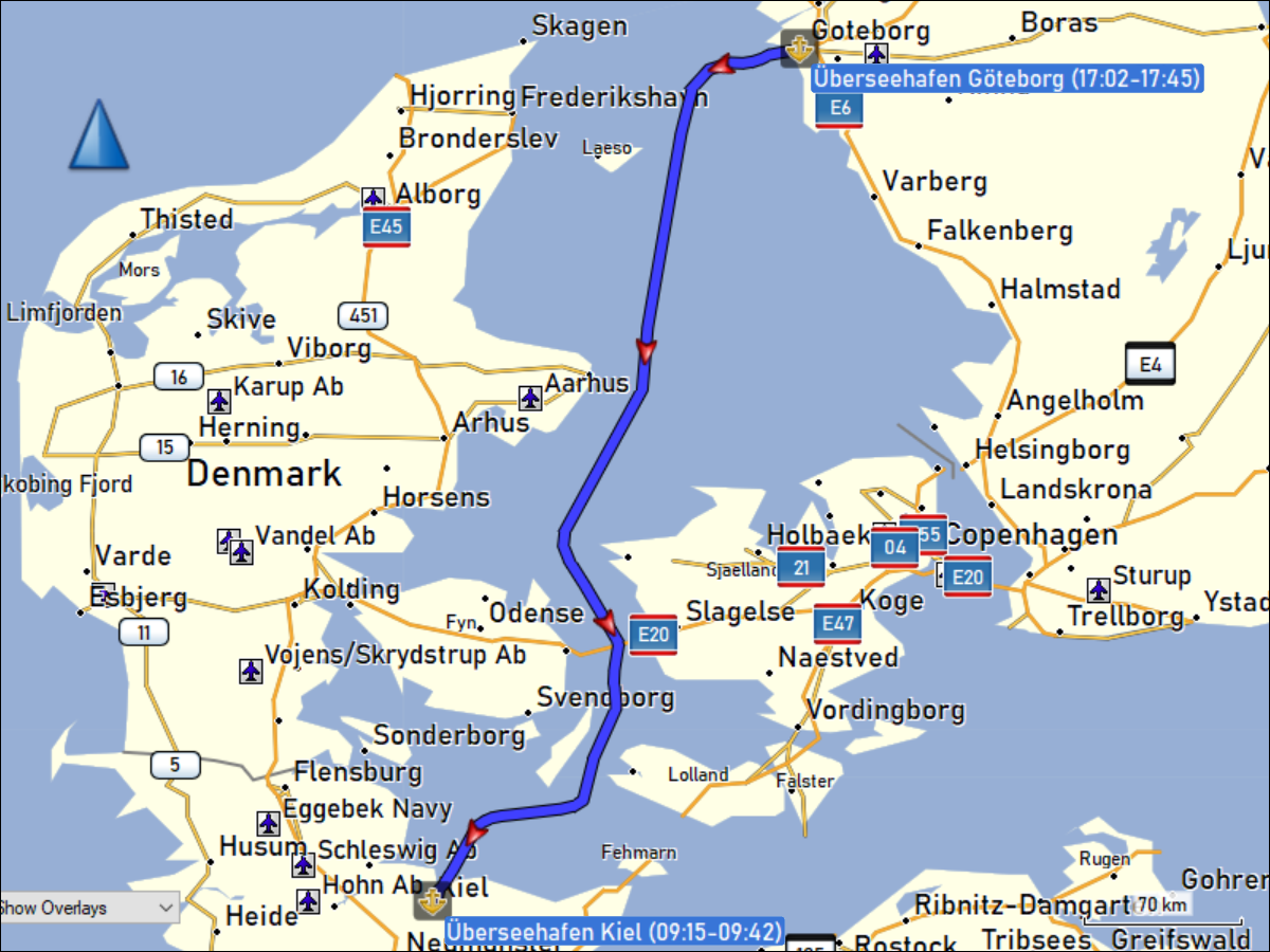 wegstrecke der ueberfahrt an bord der stena scandinavica von goeteborg nach kiel