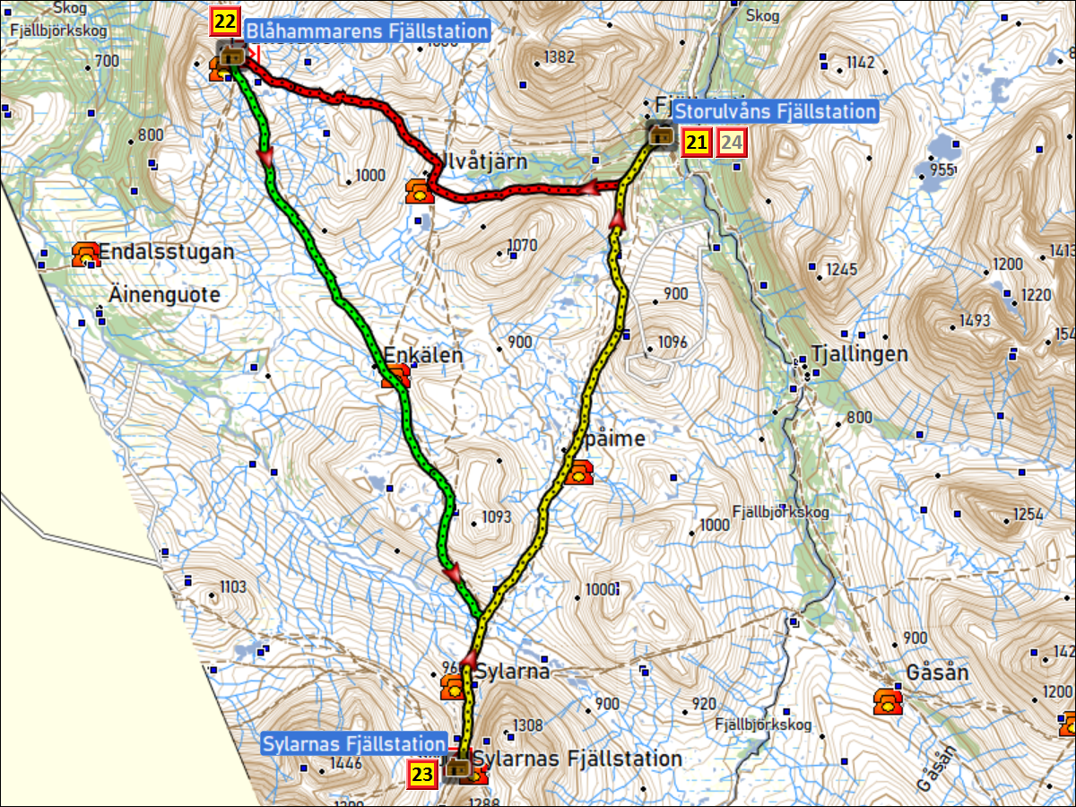 zurueckgelegte wegstrecke auf dem triangel storulvans fjaellstation, blahammarens fjaellstation, sylarnas fjaellstation, storulvans fjaellstation