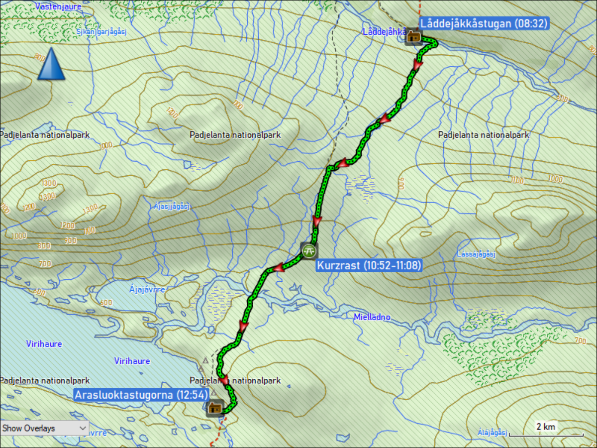 wegstrecke der wanderung von der laddejakkastugan zu den arasluoktastugorna