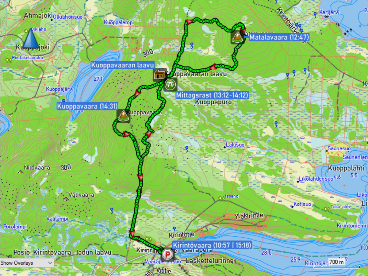 wegstrecke der rundwanderung kirintoevaara - matalavaara - kuoppavaara - kirintoevaara