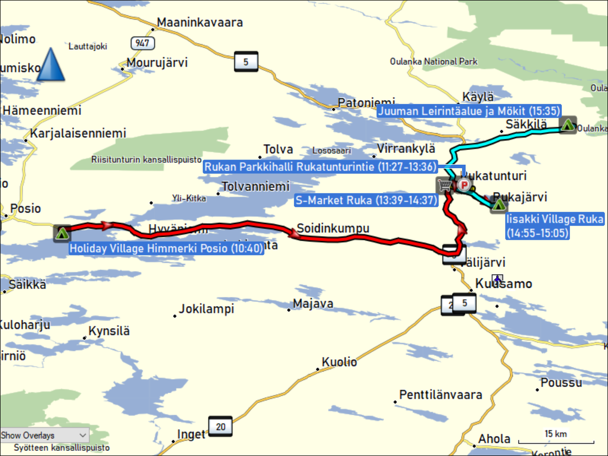 wegstrecke der fahrt vom camping holiday village himmerki bei posio via ruka nach juuman leirintaealue ja moekit