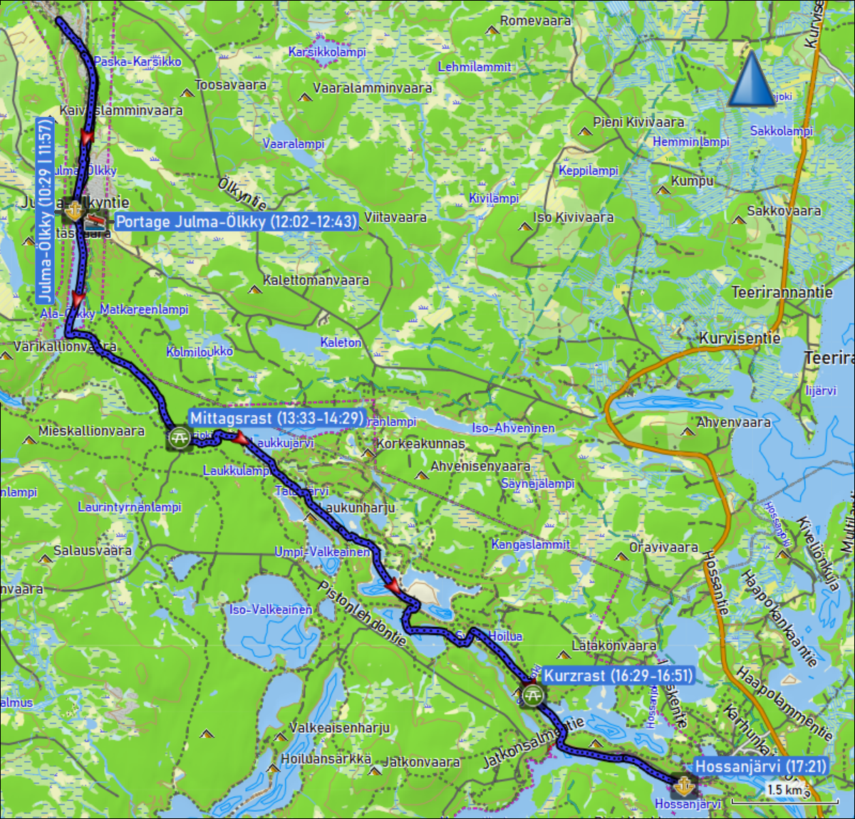 wegstrecke der kajaktour im hossa nationalpark