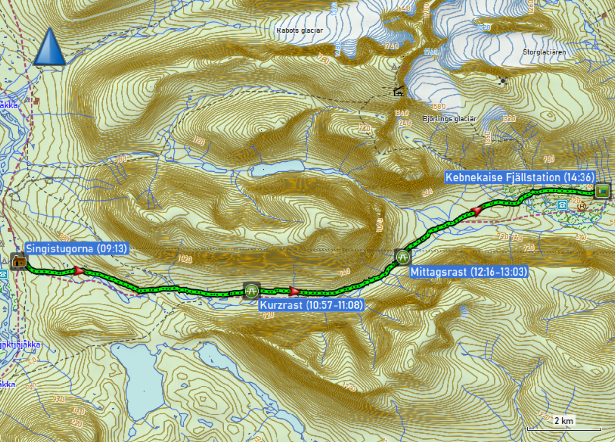 wegstrecke der wanderung von den singistugorna zur kebnekaise fjaellstation