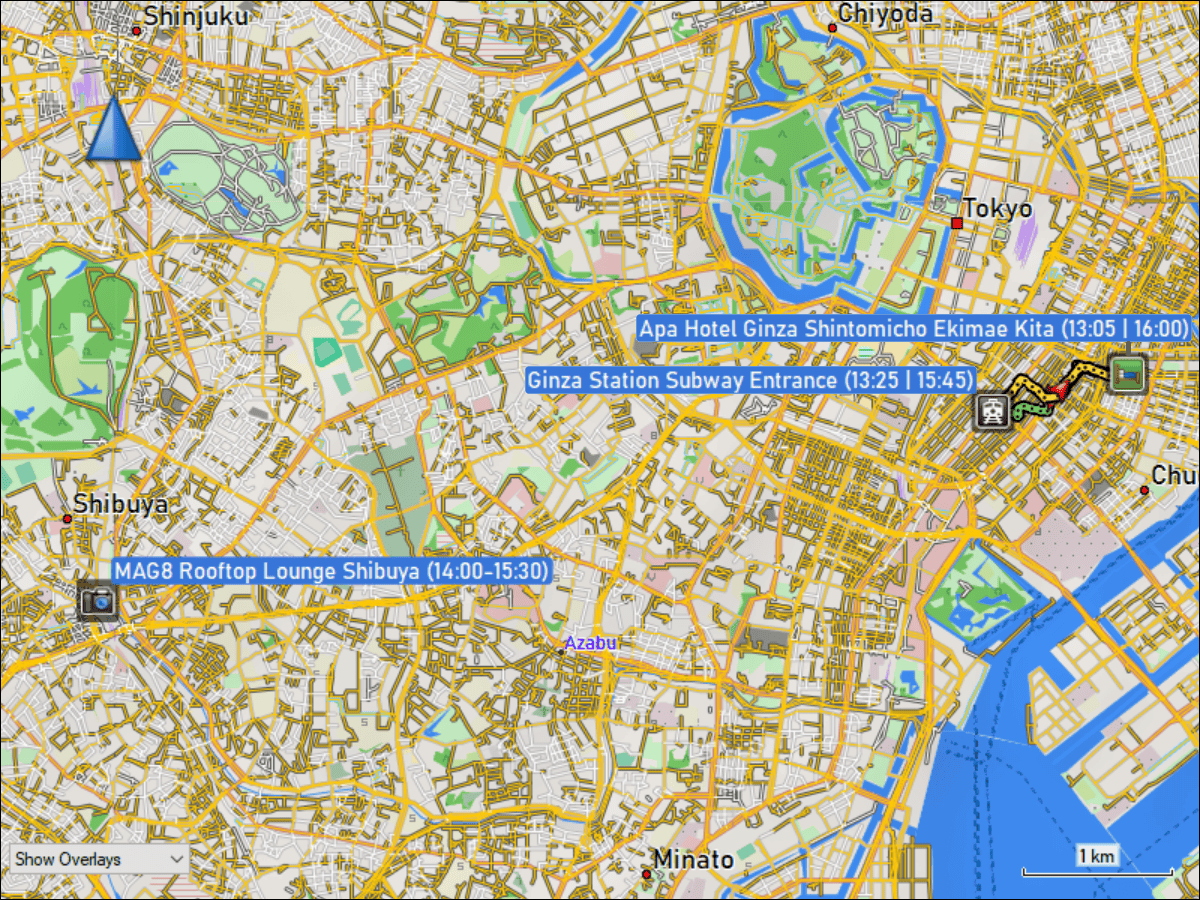 wegstrecke des fussmarschs vom Apa Hotel Ginza Shintomicho Ekimae Kita zur Ginza metrostation und zurueck sowie position des MAG8