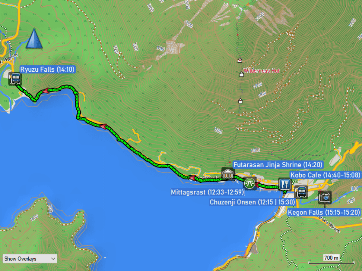 wegstrecke der kurzwanderung entlang des lake chunzenji von chugushi in die naehe der ryuzu falls