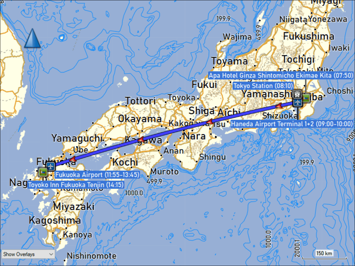 wegstrecke des fluges von tokyo haneda nach fukuoka