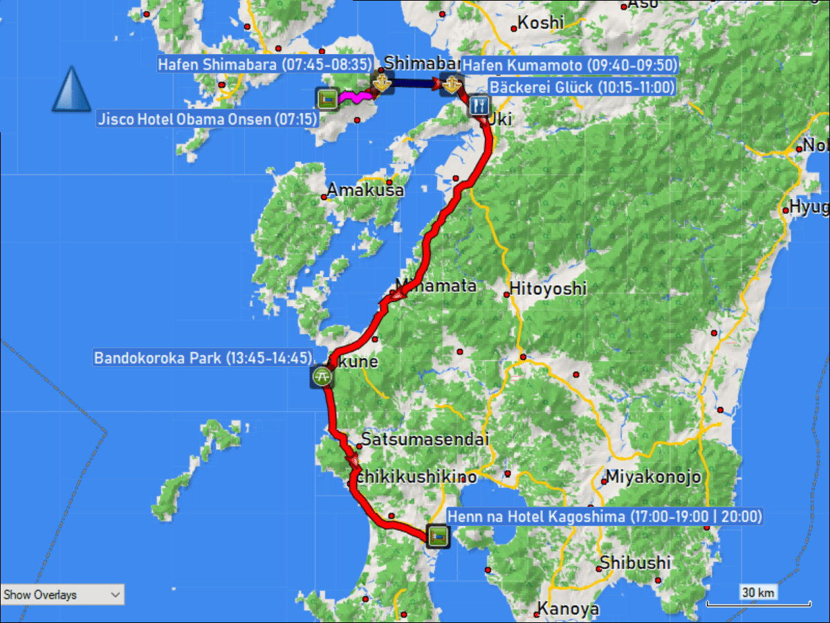 wegstrecke der fahrt von obama via akune nach kagoshima einschliesslich der ueberfahrt mit der faehre von shimabara nach kumamoto