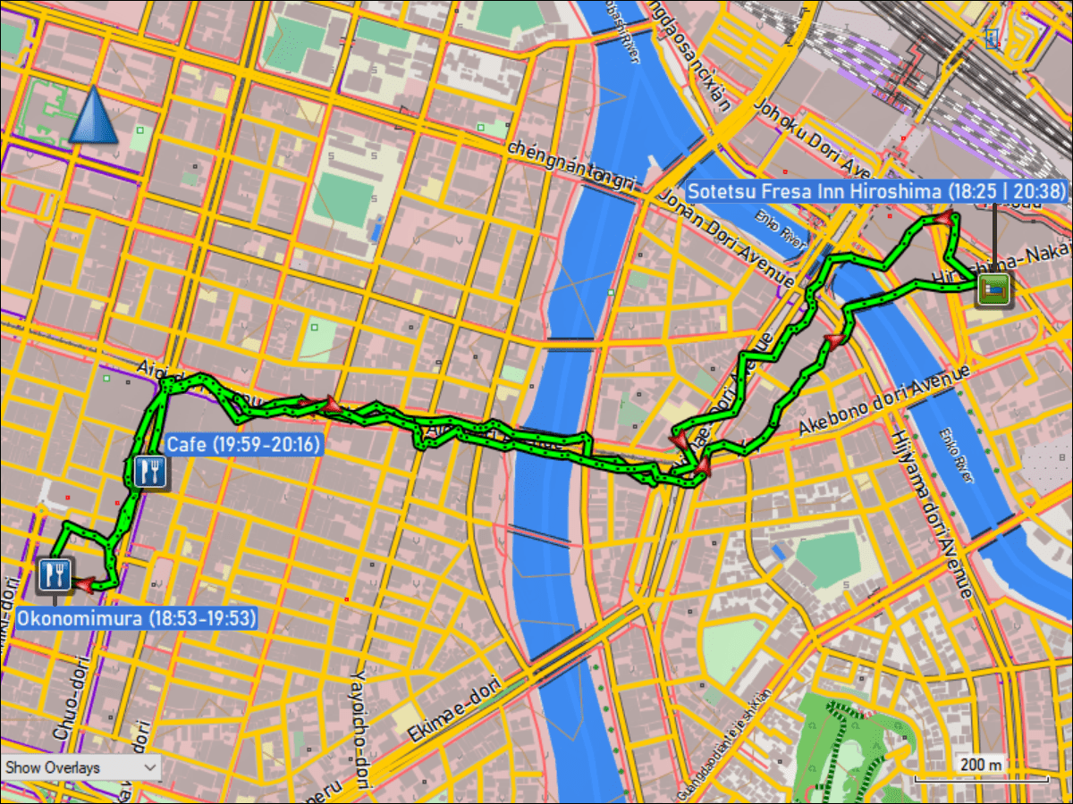 wegstrecke des fussmarsches vom hotel sotetsu fresa inn hiroshima zum restaurant okonomimura und via cafe zurueck zum hotel