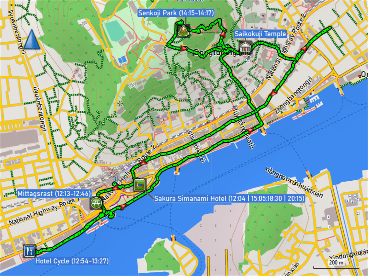wegstrecke des fussmarsches vom sakura simanami hotel via hotel cycle zum senkoji park und durch die stadt zurueck zum hotel