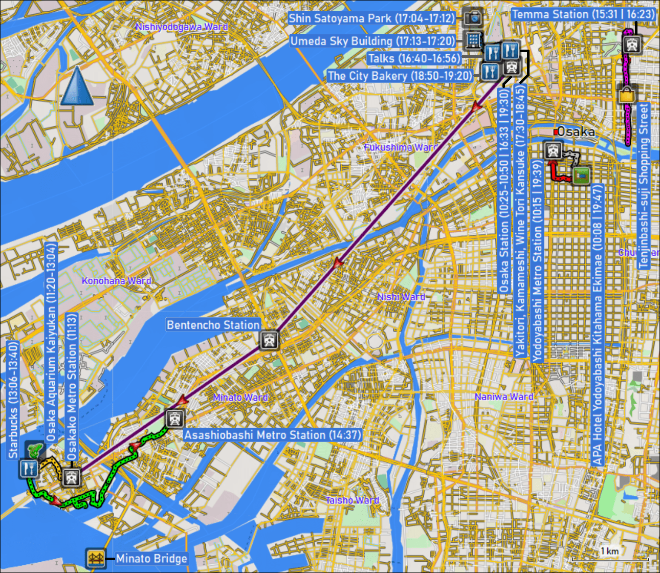 wegstrecken der fussmaersche sowie der fahrten mit der metro und den zuegen in osaka