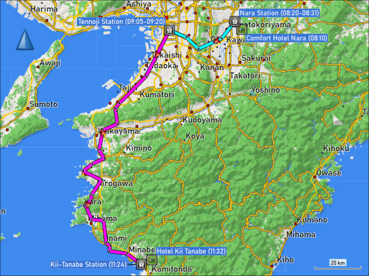 wegstrecke der zugfahrt von nara via tennoji nach kii-tanabe
