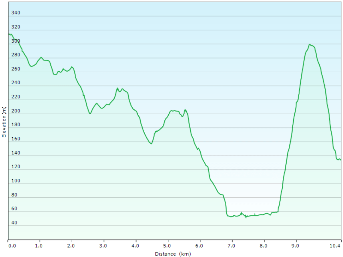 hoehenprofil der wanderung ueber den kumano kodo von der bushaltestelle hosshinmon-oji via hongu zur bushaltestelle beim yunomine onsen