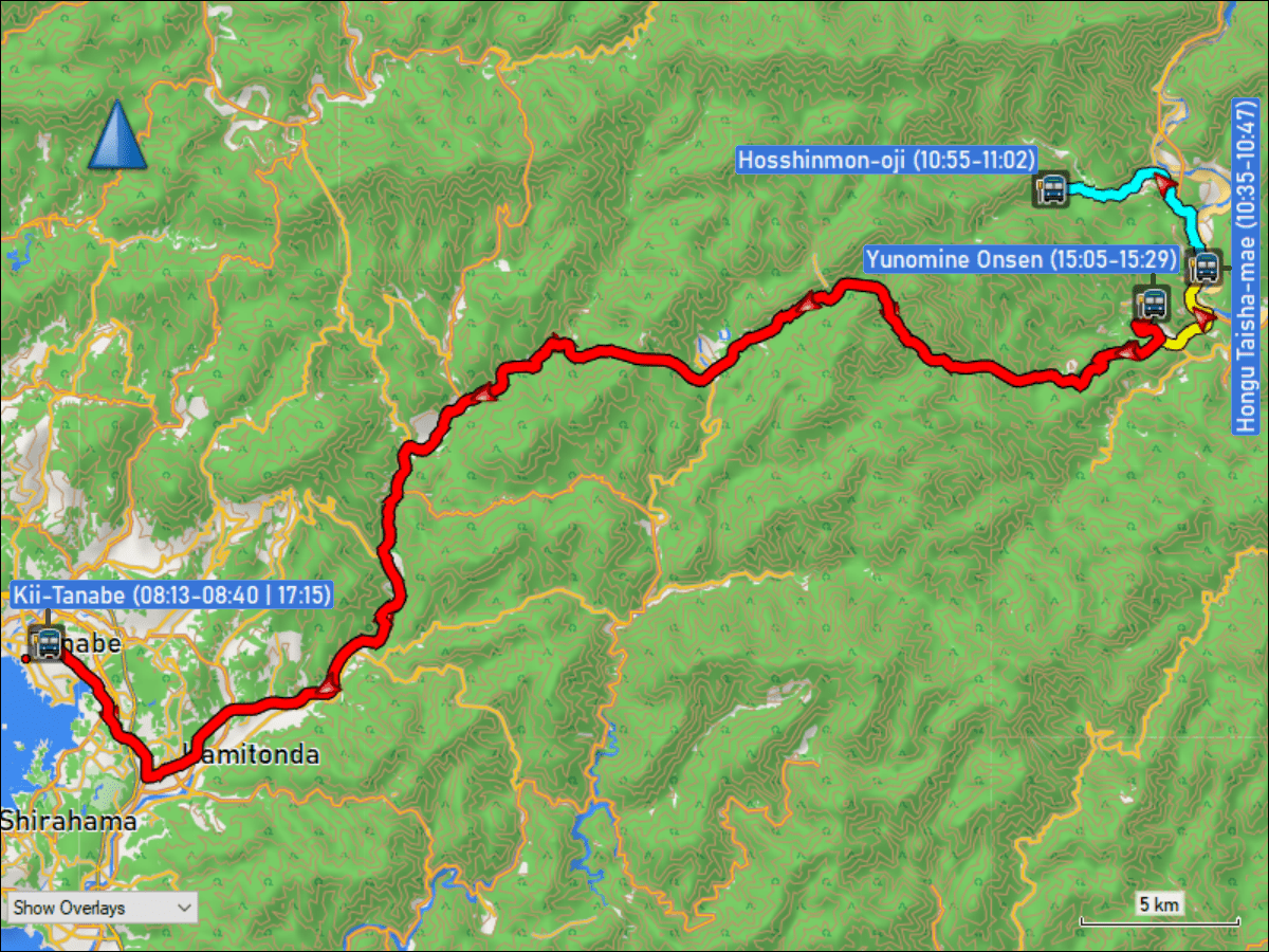wegstrecke der fahrt mit dem bus vom bahnhof kii-tanabe via hongu taisha-mae zur bushaltestelle hosshinmon-oji und von der bushaltestelle yunomine onsen zum bahnhof kii-tanabe