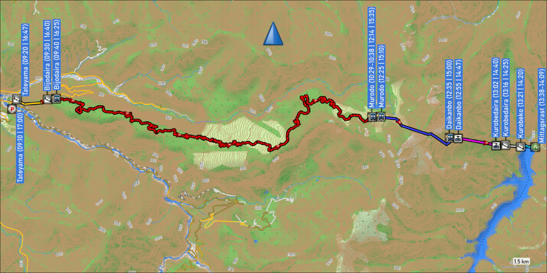 wegstrecke der reise von der tateyama station via murodo zum kurobe damm