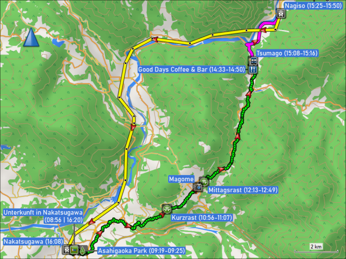wegstrecke der wanderung ueber den alten postweg nakasendo von nakatsugawa via magome nach tsumago sowie der fahrt mit dem bus von tsumago nach nagiso und mit dem zug weiter nach nakatsugawa