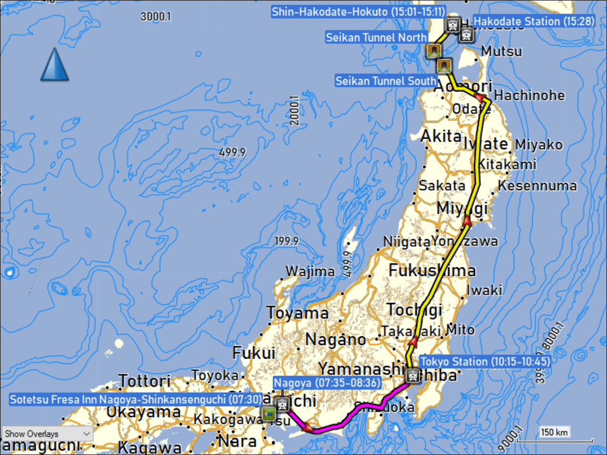 wegstrecke der fahrt mit dem shinkansen von nagoya via tokyo nach shin-hakodate-hokuto sowie fahrt mit dem regionalzug vom bahnhof shin-hakodate-hokuto zum bahnhof hakodate