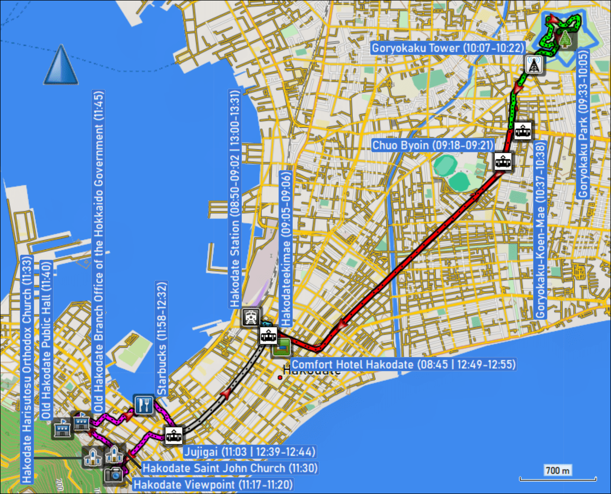 wegstrecken der fussmaersche und tramfahrten in hakodate