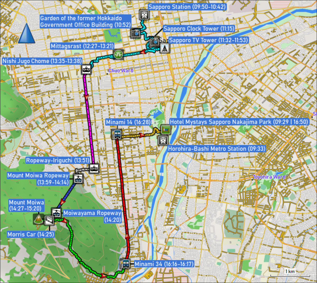 wegstrecken der fussmaersche sowie der fahrten mit tram, bus und bergbahnen in sapporo