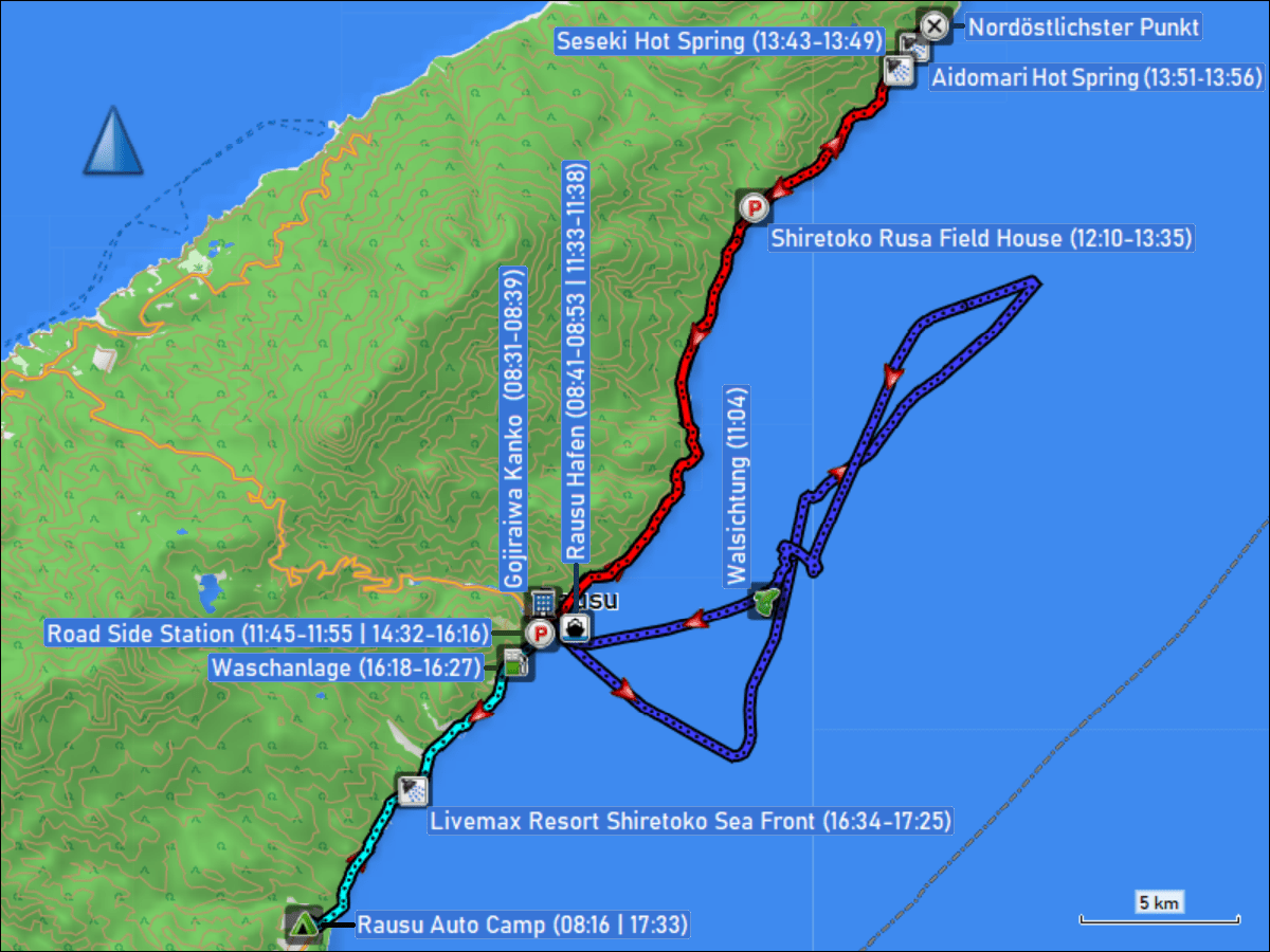 wegstrecke der fahrten rund um rausu sowie der walsafari in der nemuro strasse