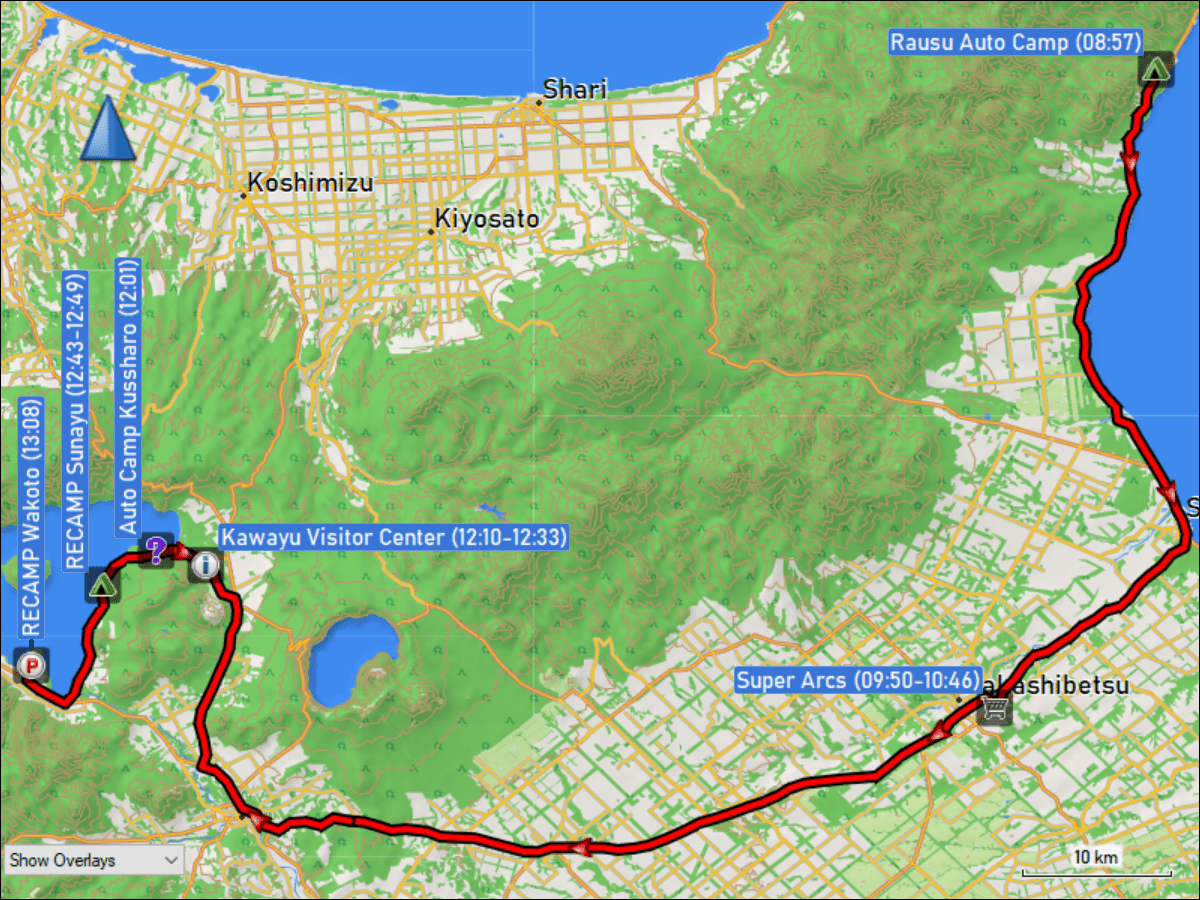wegstrecke der fahrt vom rausu auto camp via super arcs in nakashibetsu zum parkplatz beim RECAMP wakoto bei teshikaga