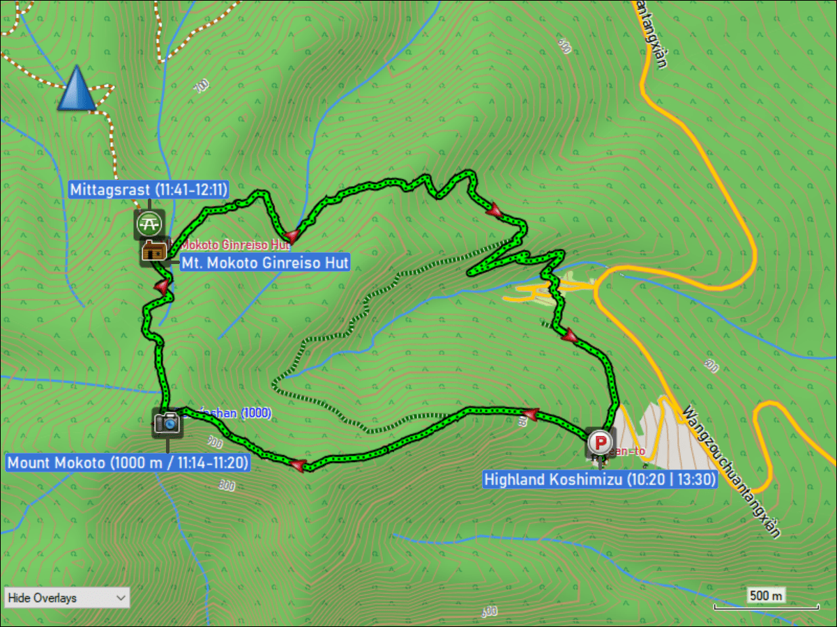 wegstrecke der rundwanderung vom parkplatz highland koshimizu zum mount mokoto und via ginreiso hut zurueck zum parkplatz