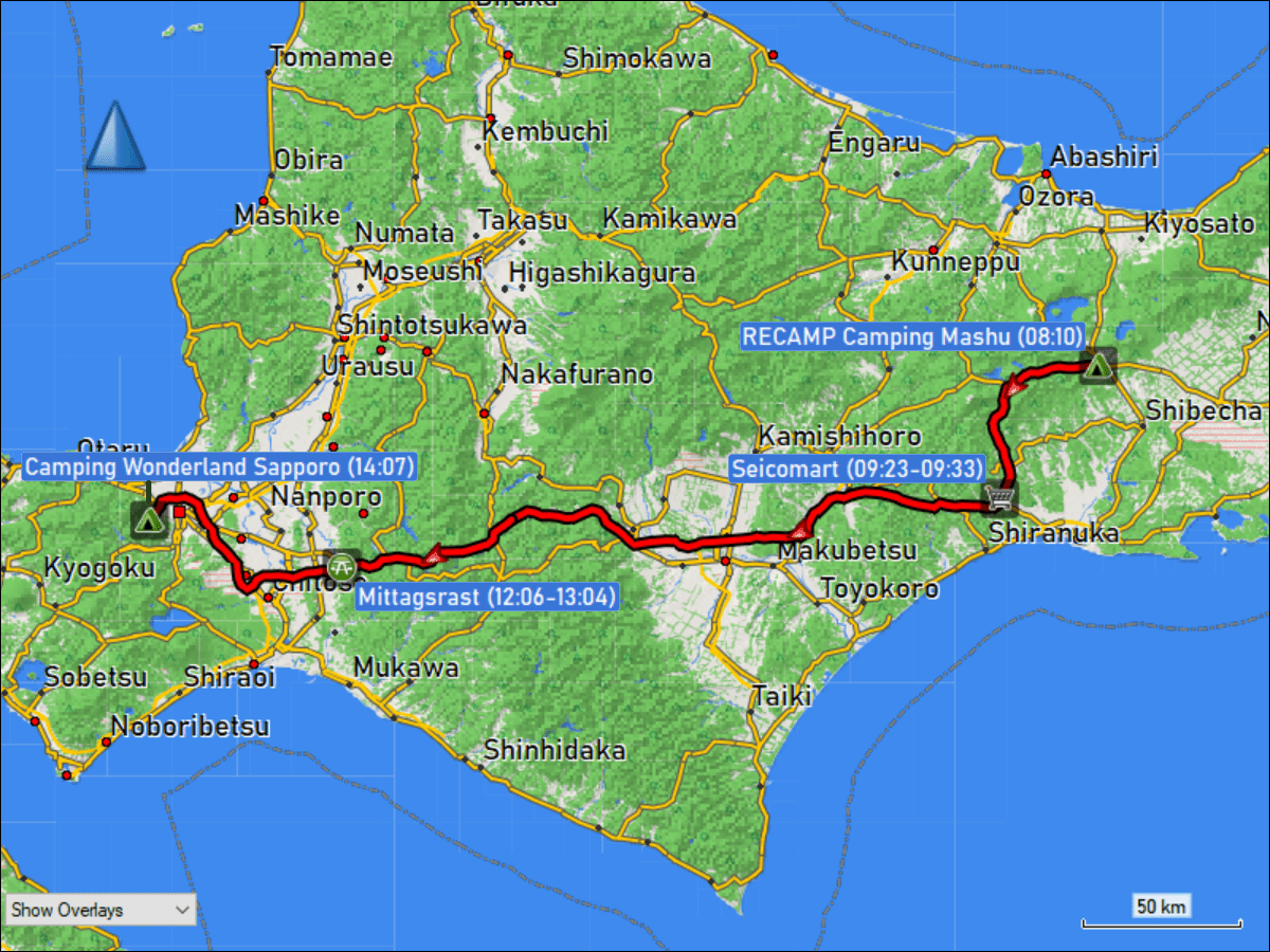 wegstrecke der fahrt vom RECAMP camping mashu in teshikaga zum camping wonderland in sapporo