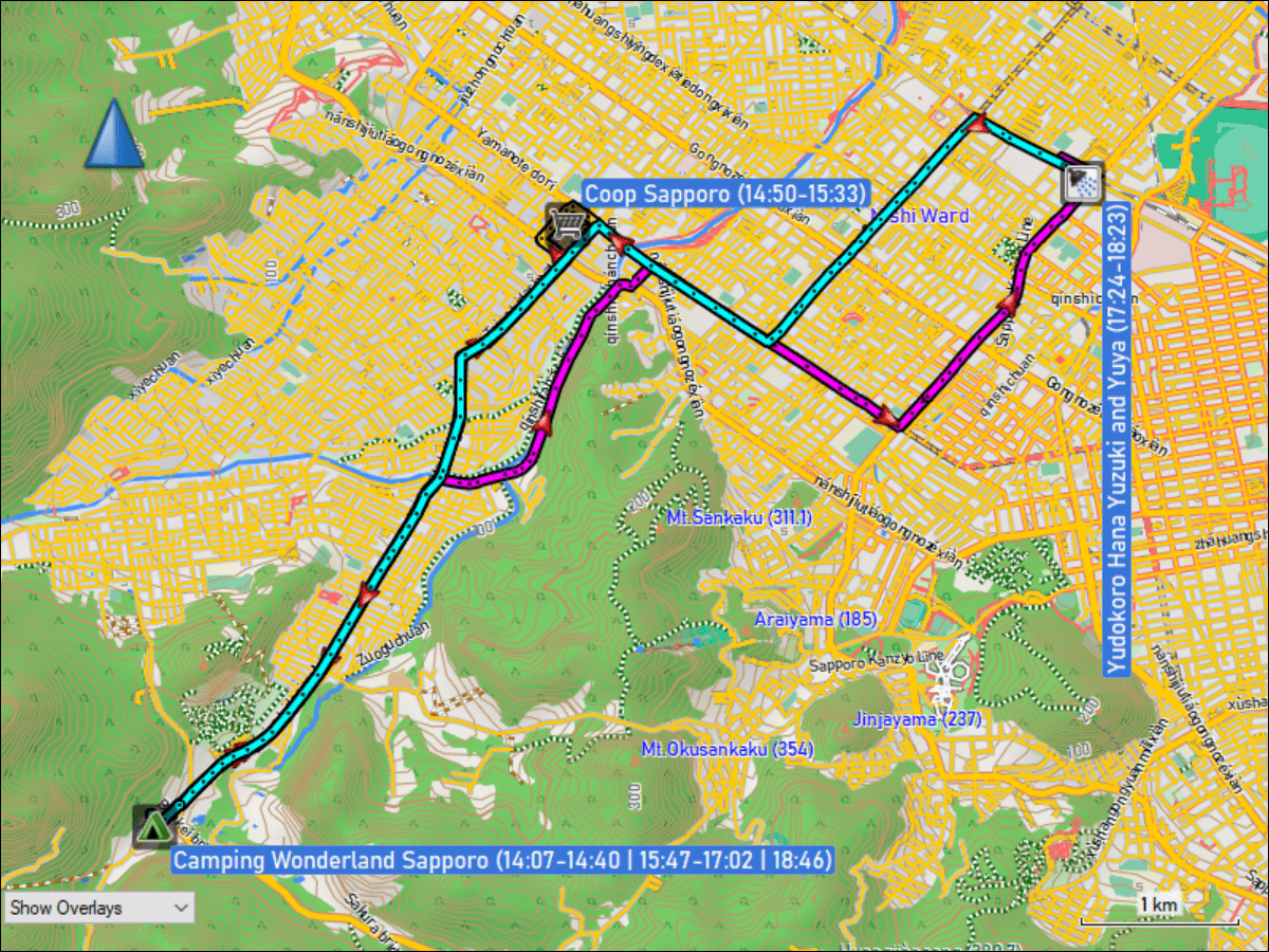 wegstrecke der fahrt vom camping wonderland zum coop sapporo und zurueck sowie der fahrt vom camping wonderland zum onsen yudokoro hana yuzuki and yuya und zurueck