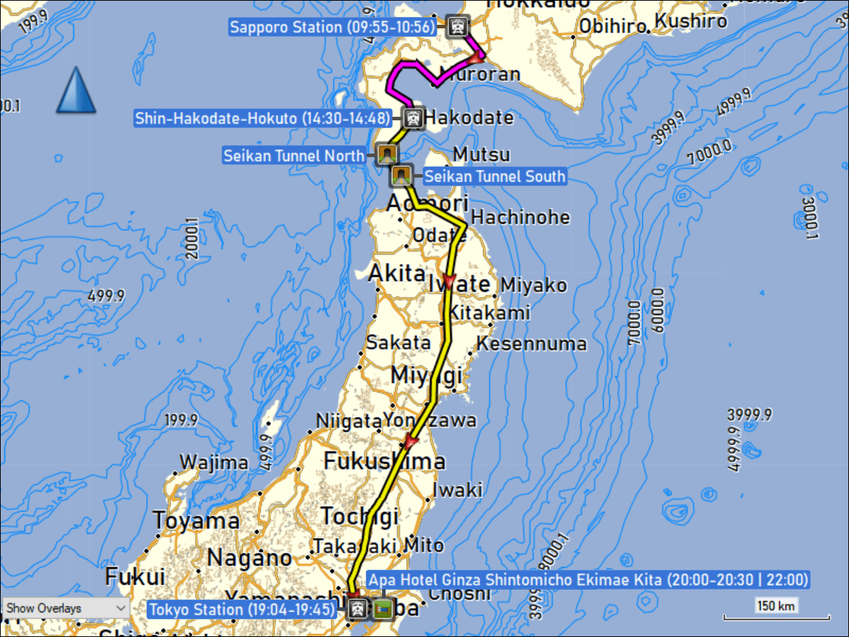 wegstrecke der fahrt mit dem limited express HOKUTO 10 vom bahnhof sapporo zum bahnhof shin-hakodate-hokuto und dem shinkansen HAYABUSA 30 vom bahnhof shin-hakodate-hokuto zum bahnhof in tokyo