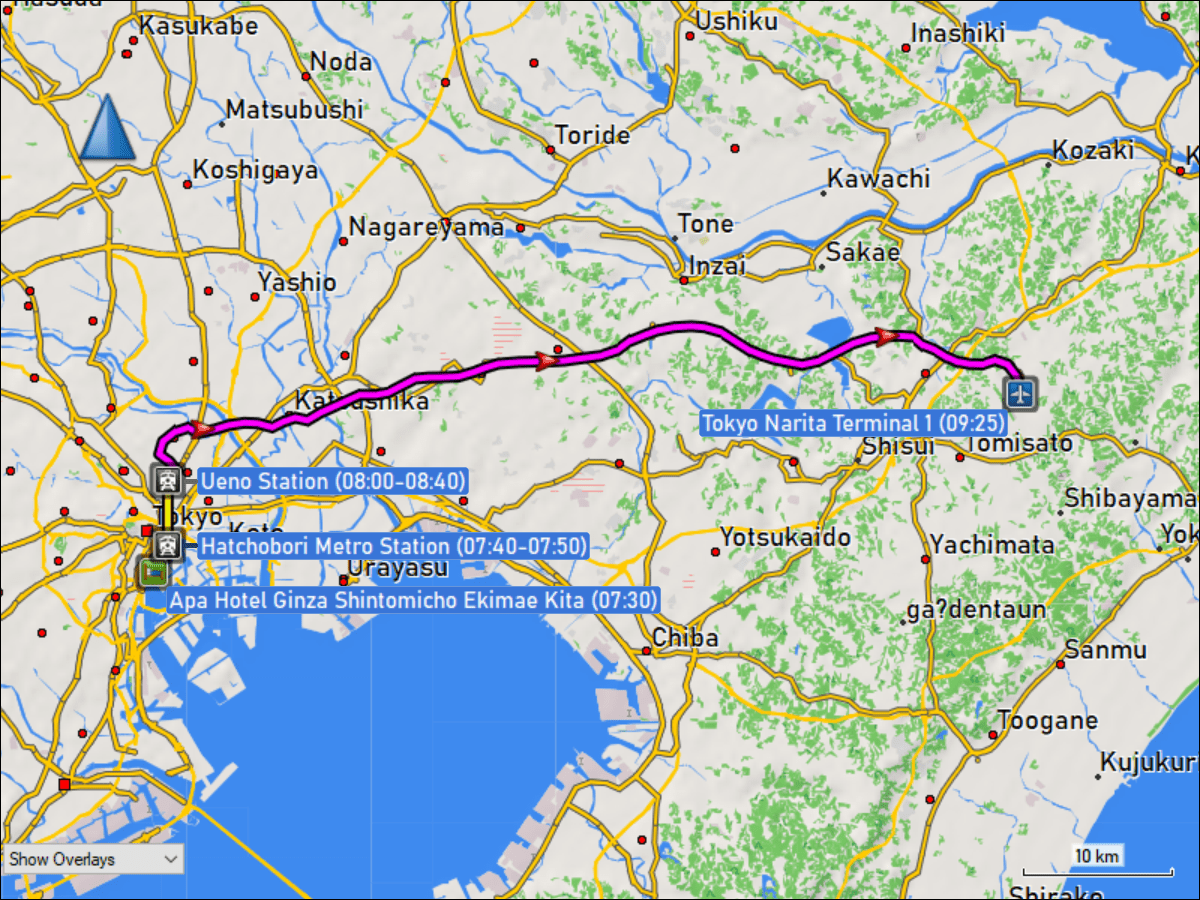 wegstrecke der fahrt mit der u-bahn von der metrostation hatchobori zur ueno station sowie der weiterfahrt mit dem narita express zum terminal 1 des narita airport
