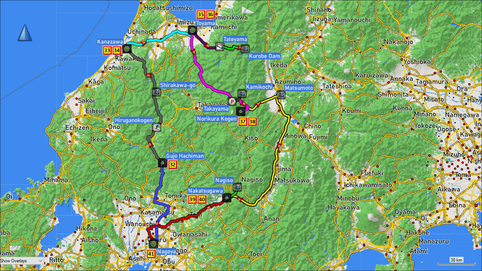 wegstrecke der rundreise mit dem mietwagen durch die japanischen alpen mit tageszielen