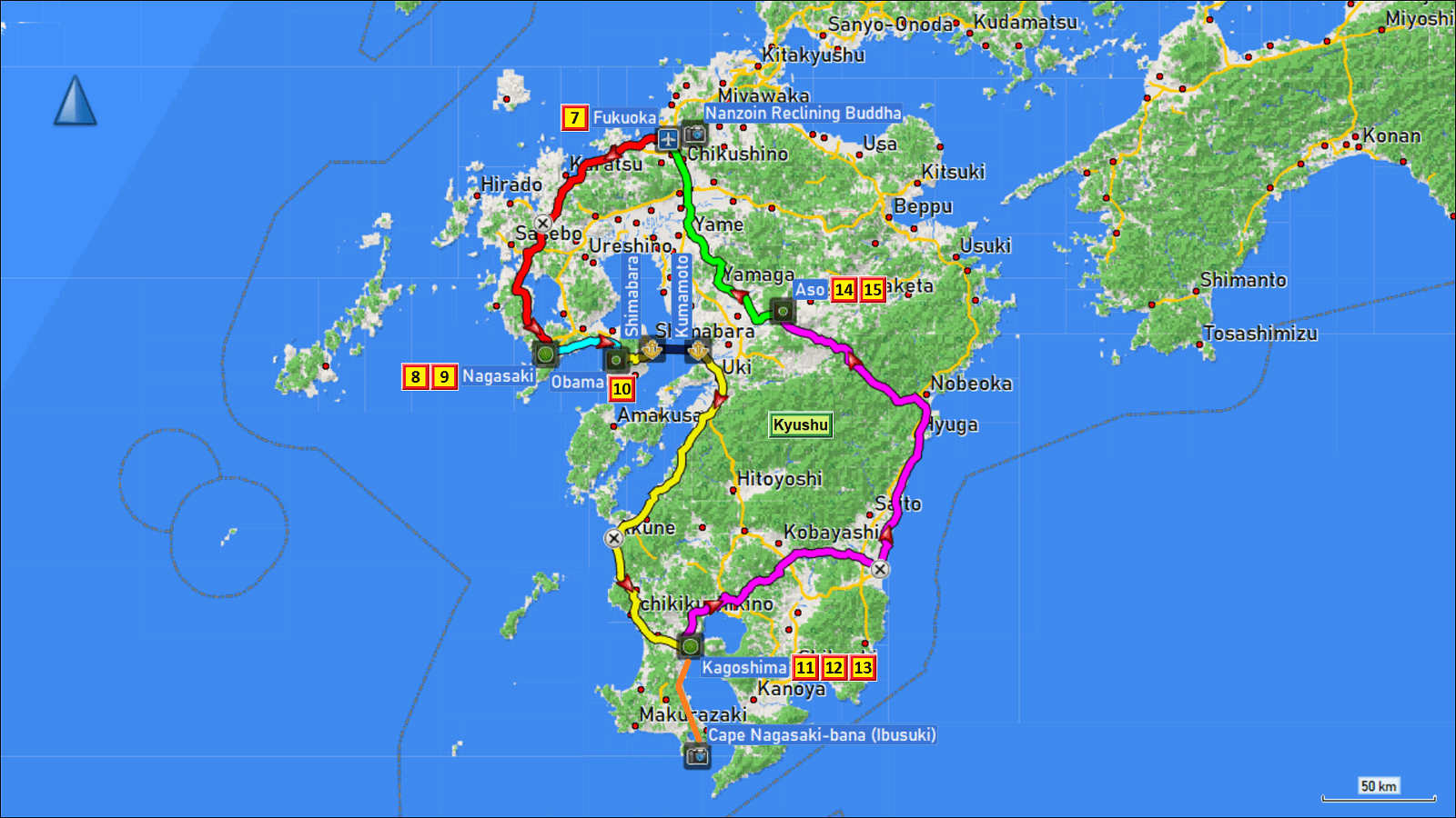 wegstrecke unserer rundreise mit dem mietwagen auf der insel kyushu mit tageszielen