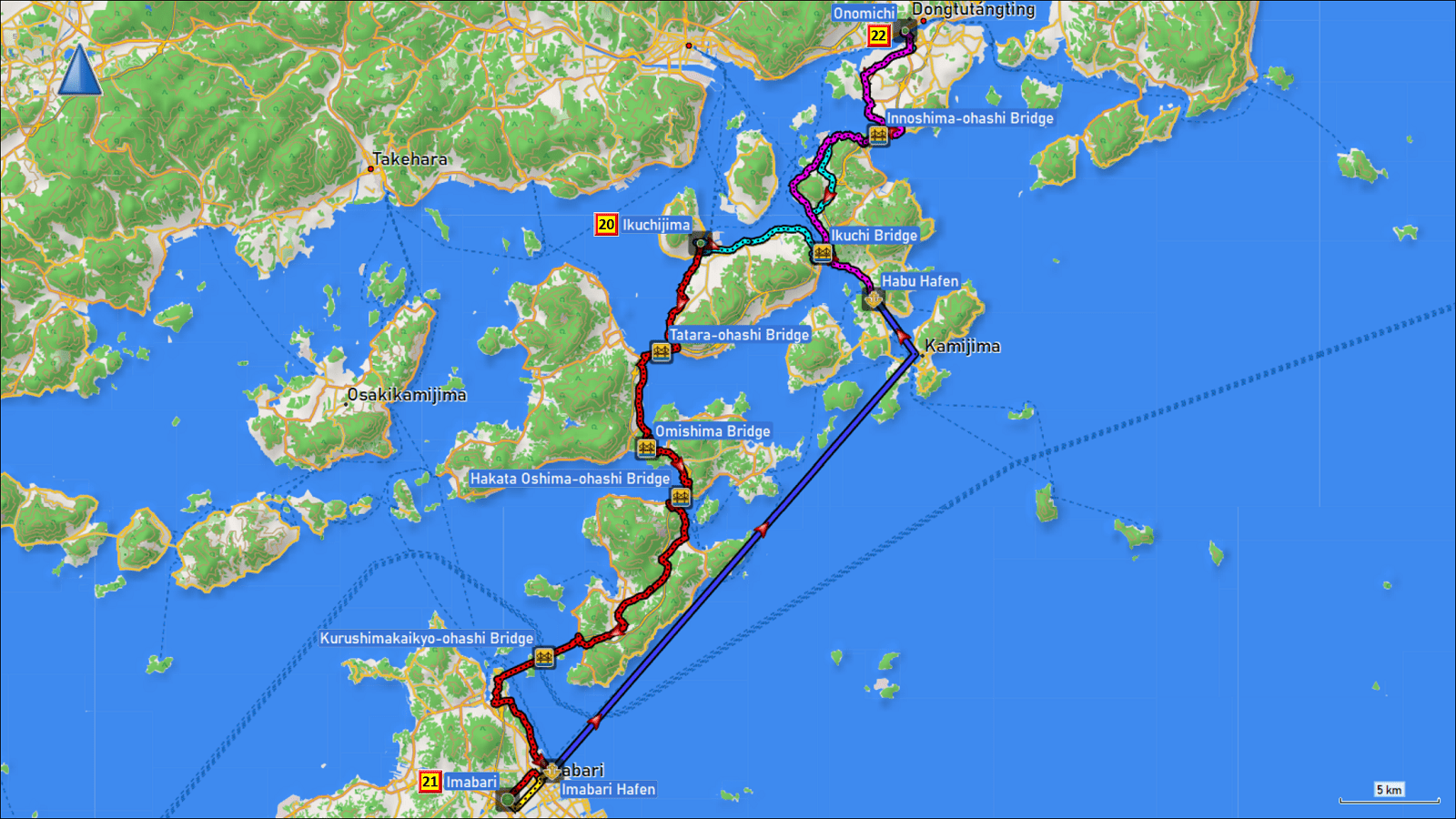 wegstrecke der radtour ueber den "setouchi shimanami kaido" von onomichi via ikuchijima nach imabari und wieder zurueck nach onomichi mit tageszielen