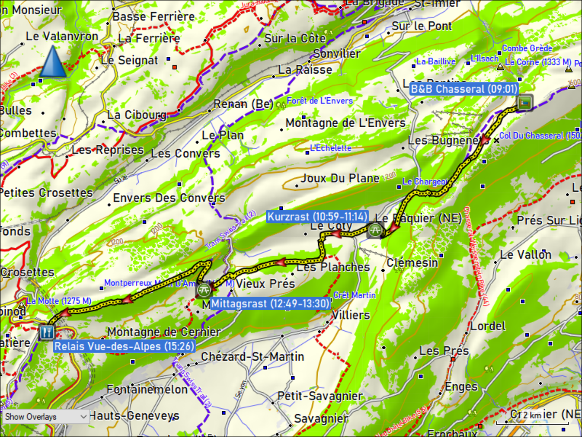 wegstrecke der wanderung vom B&B chasseral, BE zum relais vue des alpes, NE