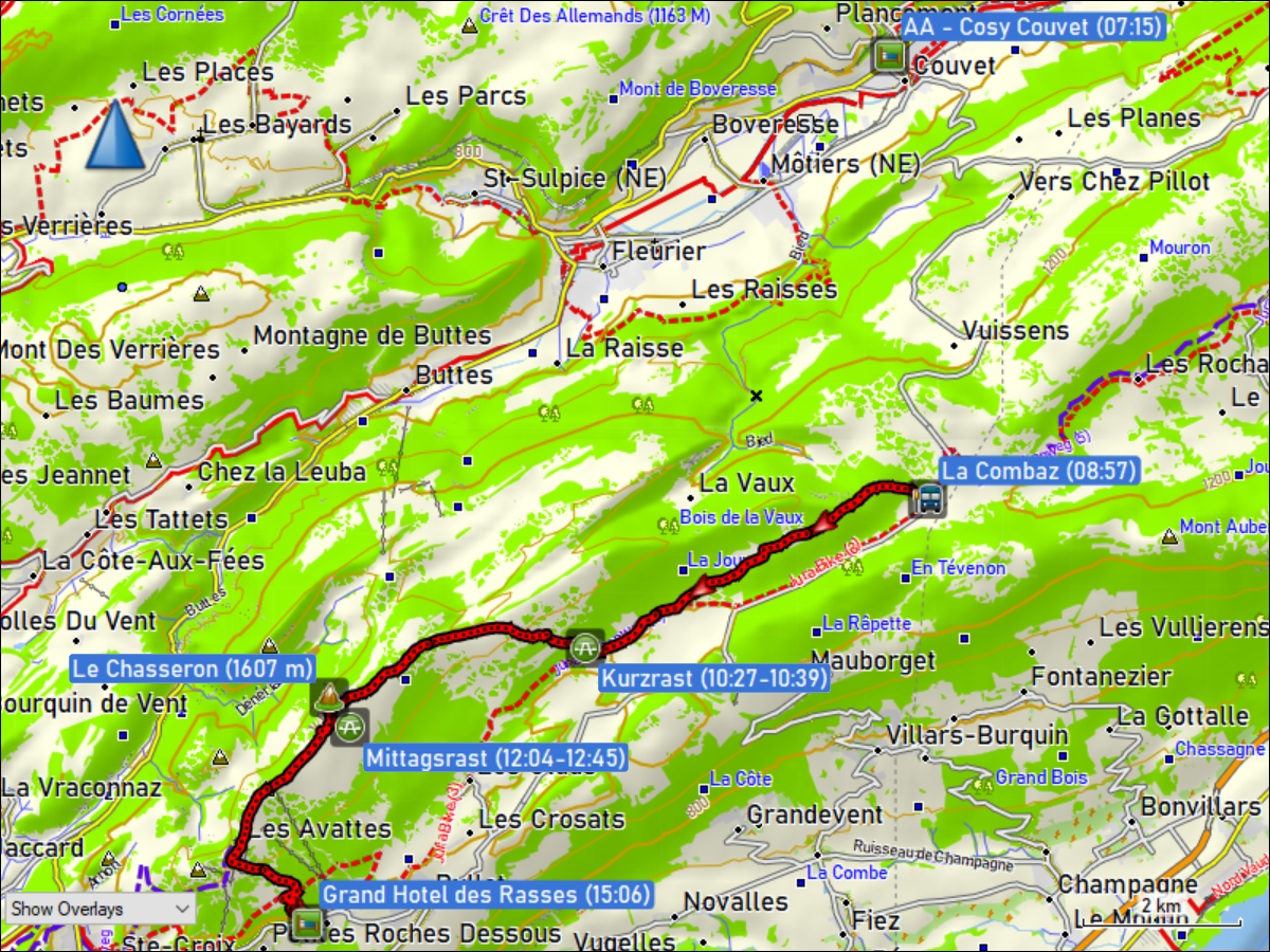 wegstrecke der wanderung von der bushaltestelle la combaz, VD zum "swiss historic hotel grand hotel les rasses et spa", VD