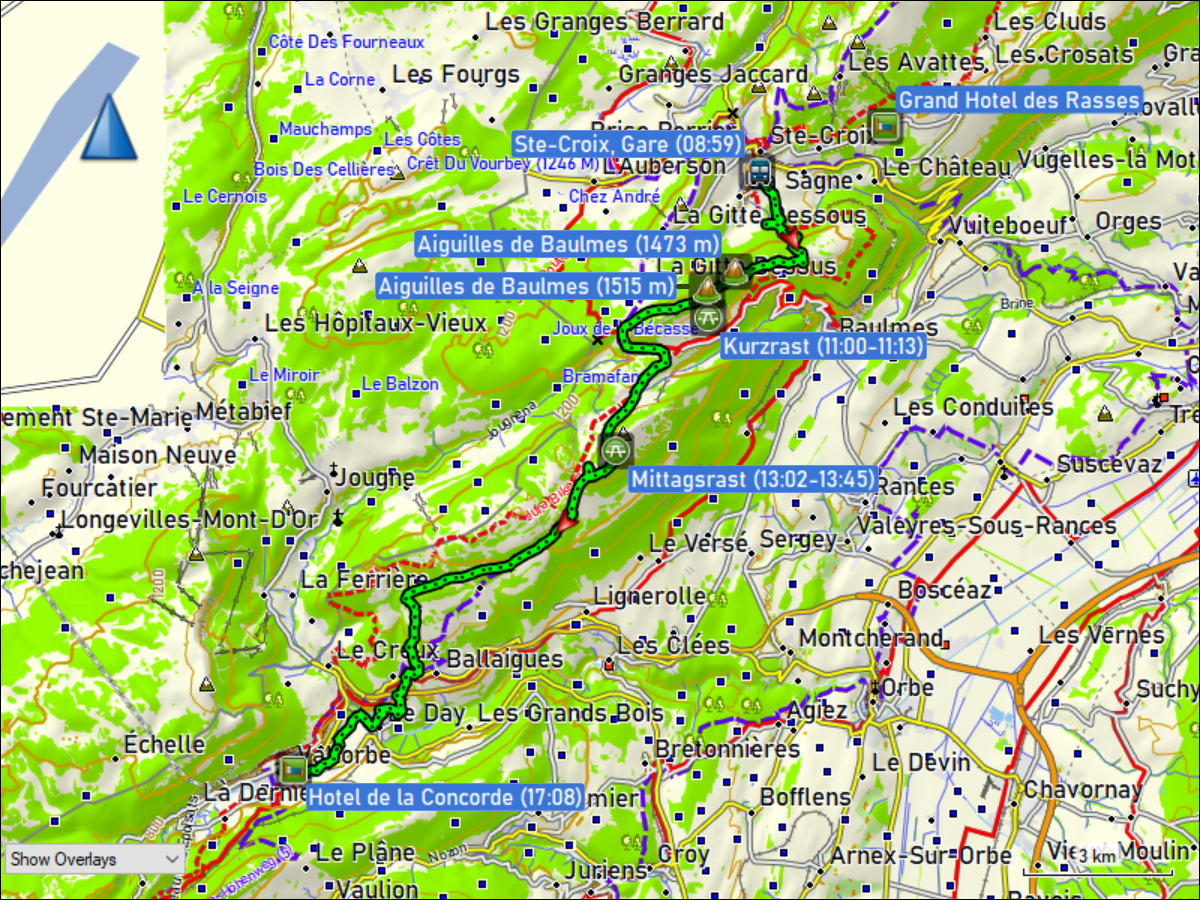 wegstrecke der wanderung vom bahnhof ste-croix, VD zum hotel de la concorde in vallorbe, VD