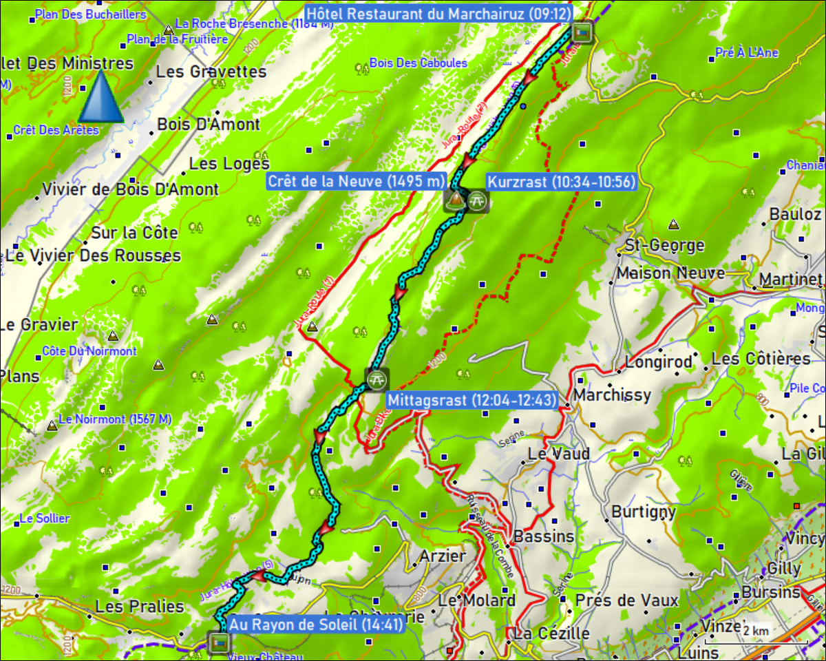wegstrecke der wanderung vom hotel restaurant du marchairuz, VD zum studio "au rayon de soleil" in st. cergue, VD