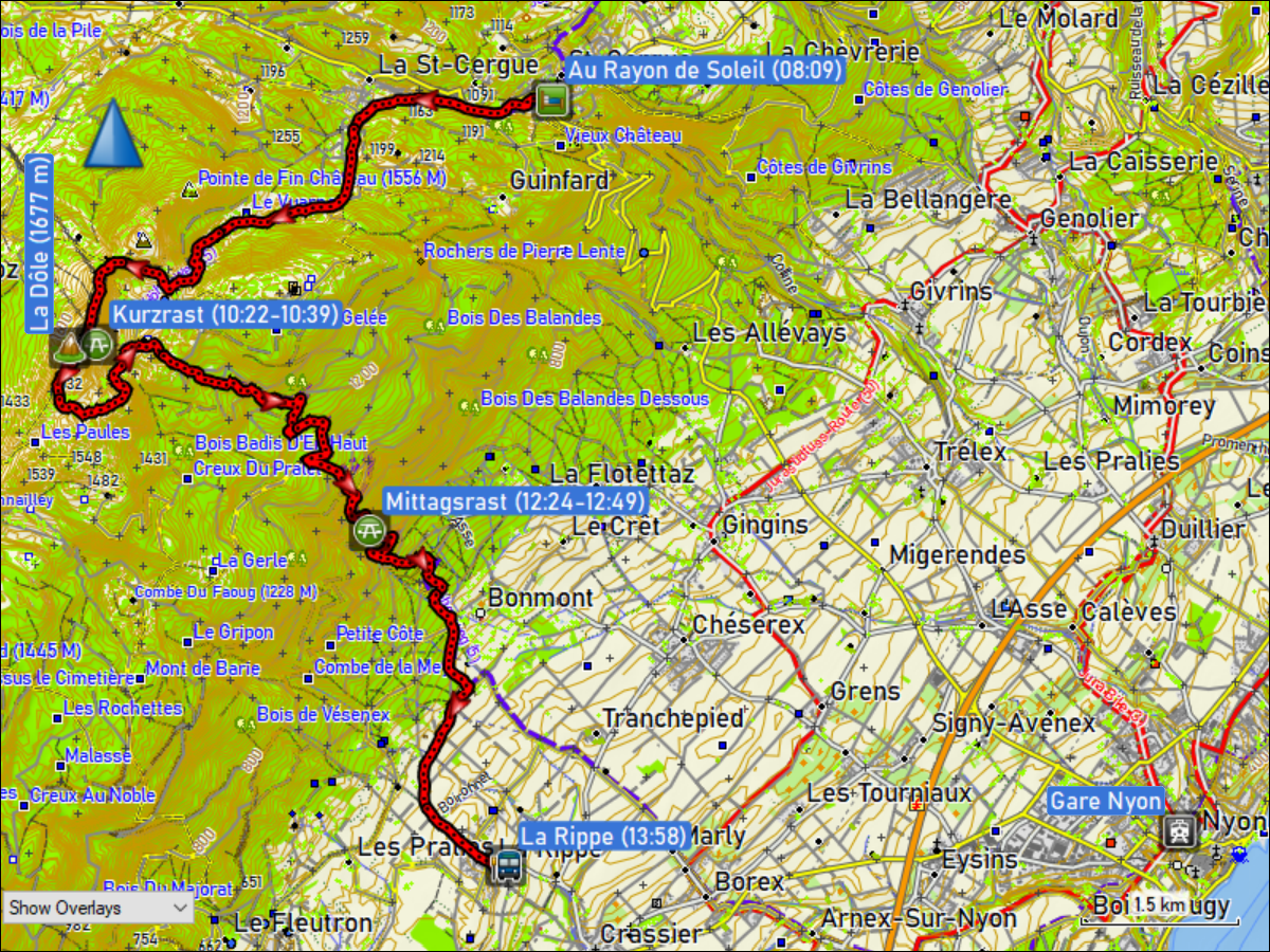 wegstrecke der wanderung vom studio "au rayon de soleil" in st. cergue, VD zur bushaltestelle la rippe village, VD